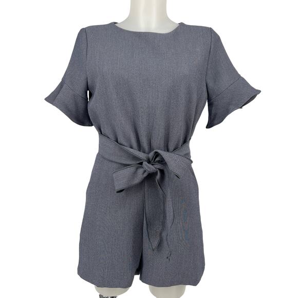 Line And Dot Flounce Sleeve Romper Small Blue Belted Open Keyhole Button Pockets - Picture 1 of 10